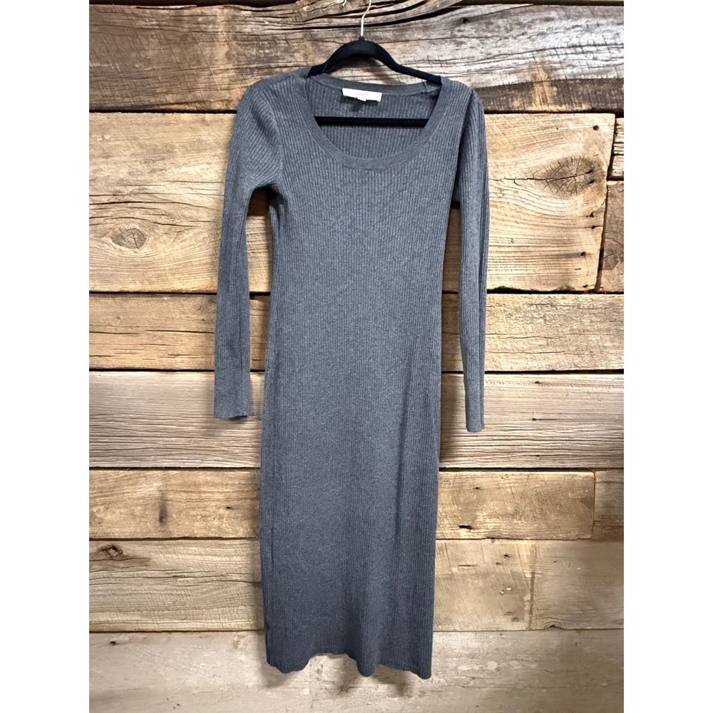 Loft Womens Gray Ribbed Knit Long Sleeve Scoop Neck Midi Sweater Dress Size S